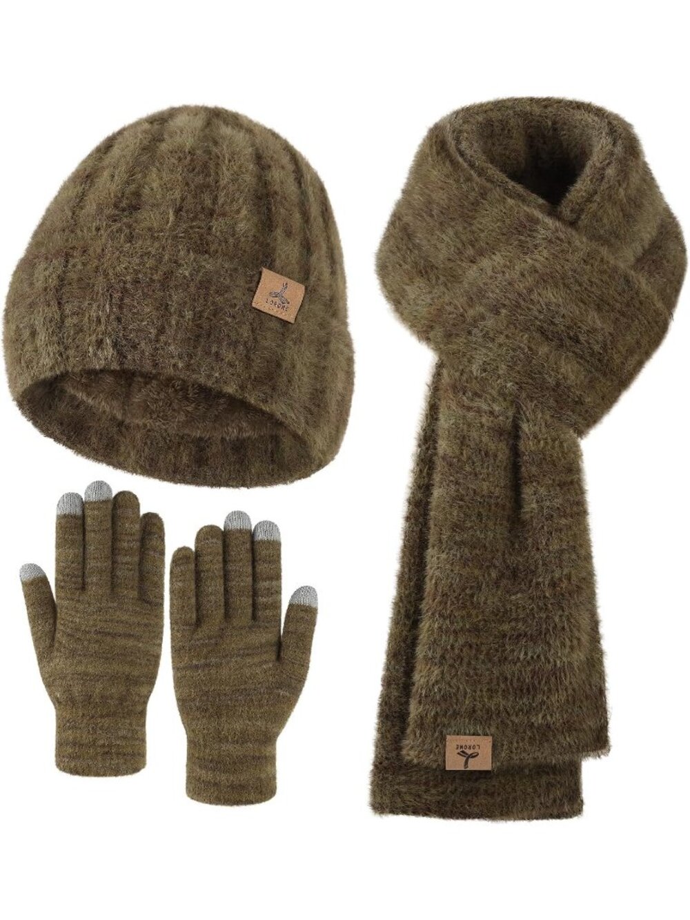 Women's Khaki Mix Beanie Hat Scarf Cashmere Hat Gloves Scarf Accessories Set
